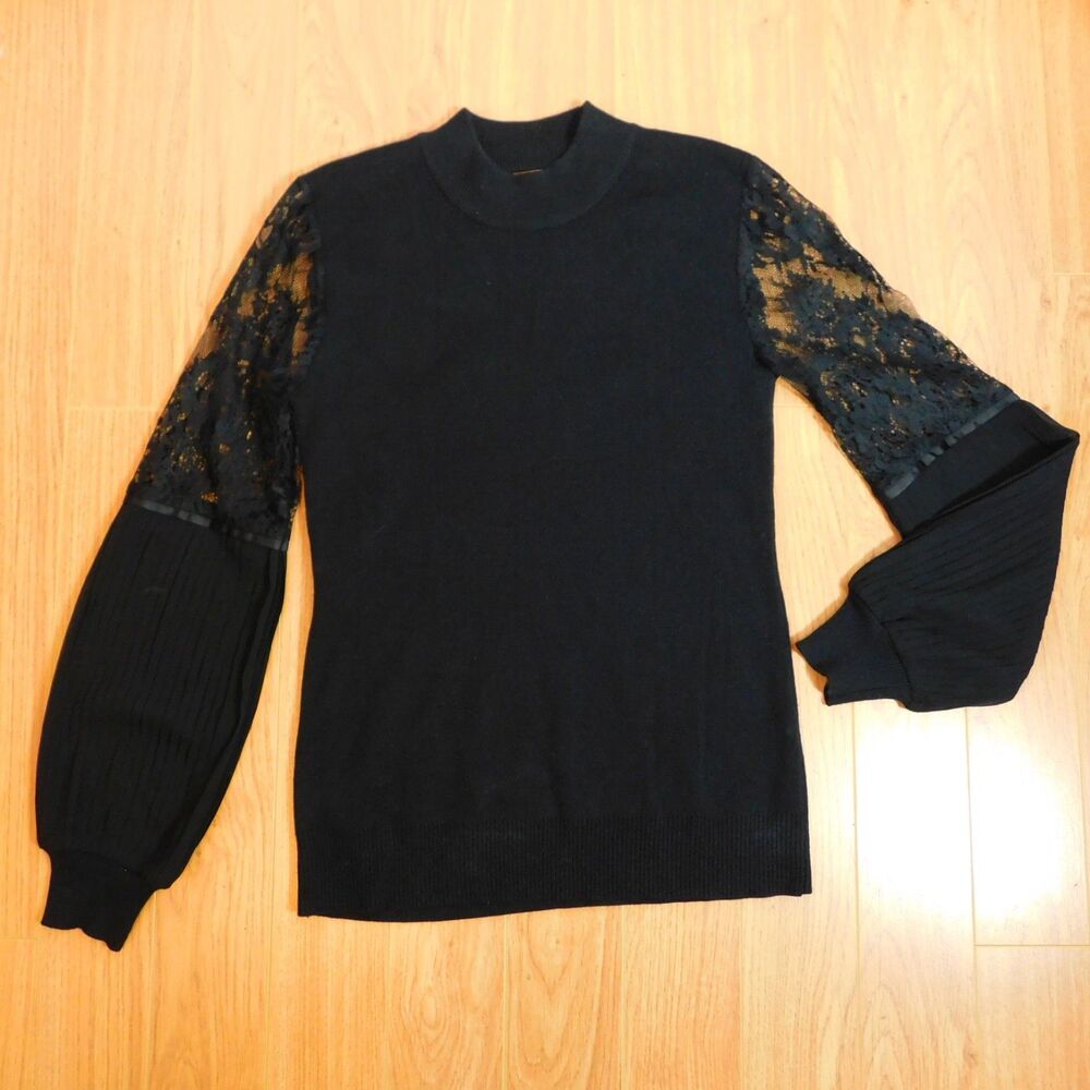 Belldini Black Lace Top Long Sleeve Knit Dressy Pullover, Womens Small EUC